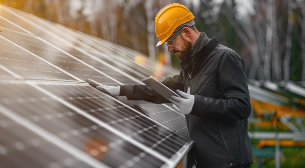Person mit gelbem Schutzhelm und Handschuhen reinigt oder inspiziert Solarpaneele in einem Solarpark im Freien