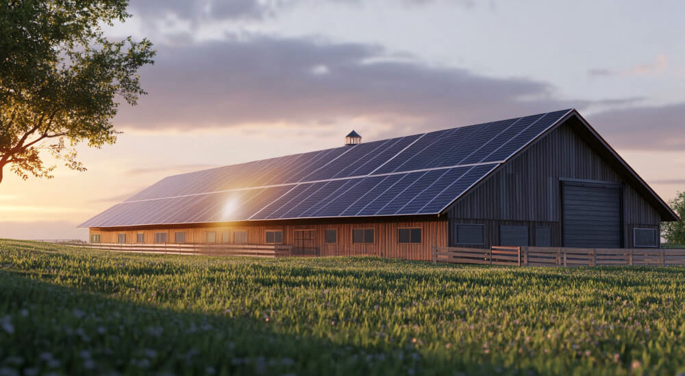 Großes landwirtschaftliches Gebäude mit auf dem Dach montierten Solarpaneelen bei Sonnenuntergang in Brandenburg